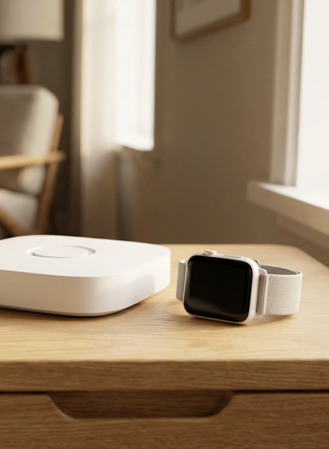 Seniorin drückt den Hausnotruf-Knopf am Handgelenk Smartwatch für schnelle Hilfe